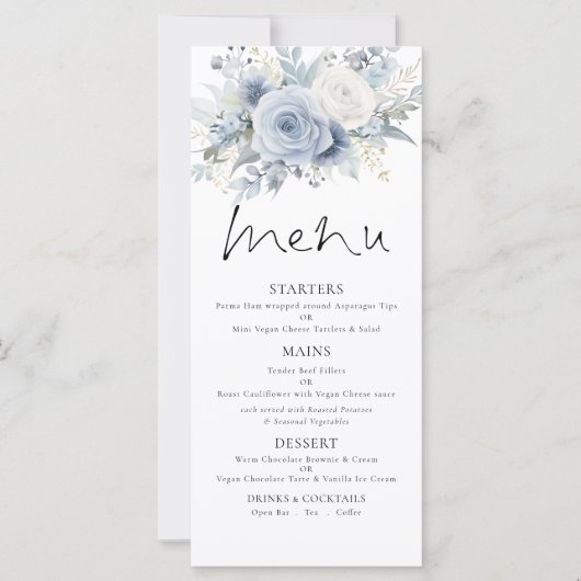 Printable Dusty Blue FloralsWedding Thank You Menu カード (正面)