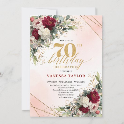 Printable floral gold 70th birthday invite design 招待状 (正面)