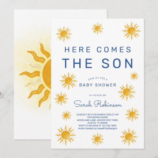 Printable Here Comes The Son Baby Shower 招待状 (正面/裏面)