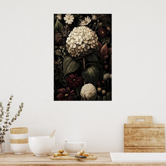 Printable Hydrangea Wall Art, Antique Dark ポスター (キッチン)