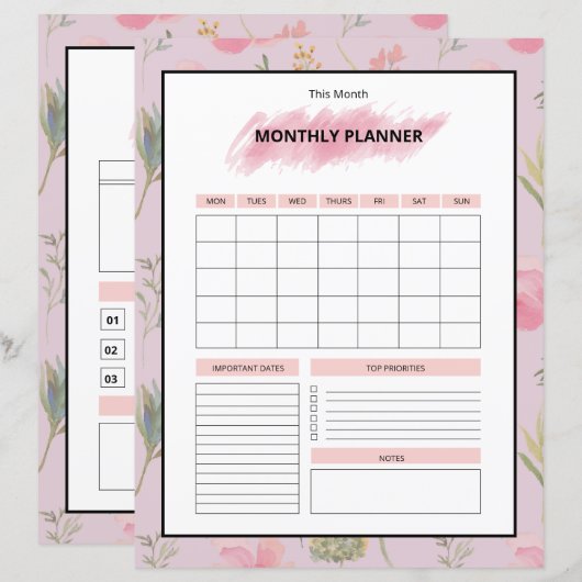 Printable Monthly Planner Template (正面/裏面)