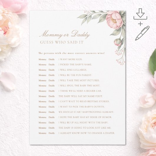 Printable Peony Baby Shower Guess Who Said It Card 招待状