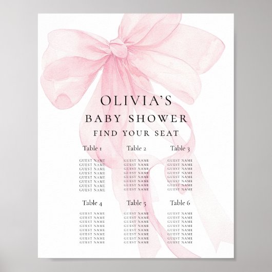 Printable Pink Bow Baby Shower Seating Chart ポスター (正面)