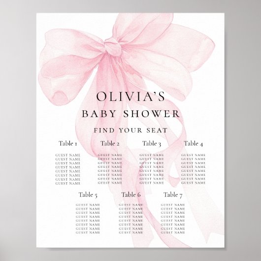 Printable Pink Bow Baby Shower Seating Chart ポスター (正面)