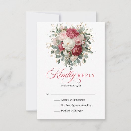 Printable red floral wedding RSVP card design (正面)
