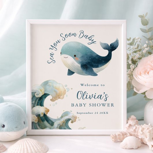 Printable Sea You Soon Whale Baby Shower Ivory ポスター