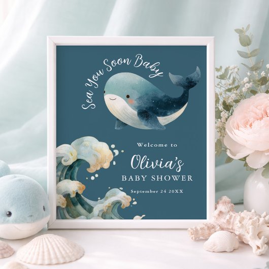 Printable Sea You Soon Whale Baby Shower Turquoise ポスター