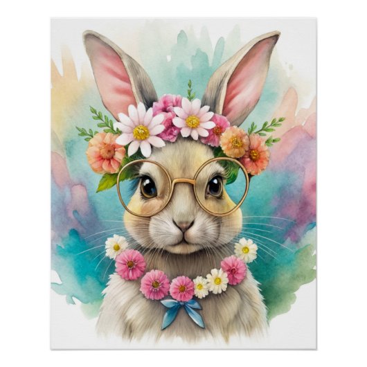 Printable Watercolor Cute Rabbit Wall Poster Art ポスター (正面)
