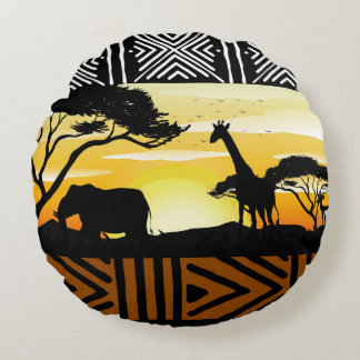 Printed African Safari Scene Round Pillow ラウンドクッション
