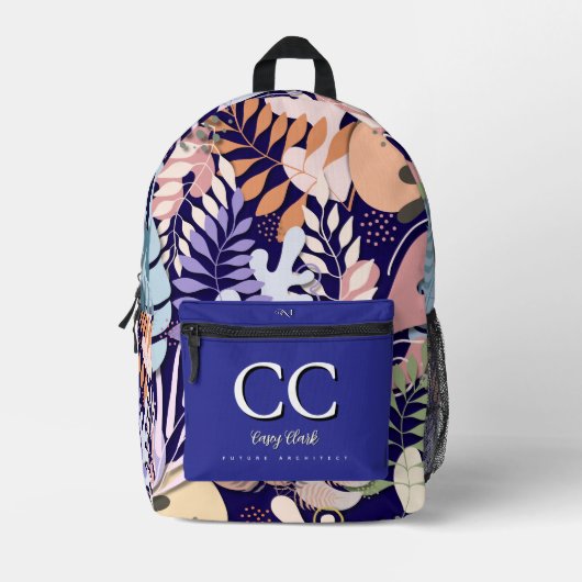 Printed Backpack : Abstract Leaves (dark blue) プリントバックパック (正面)