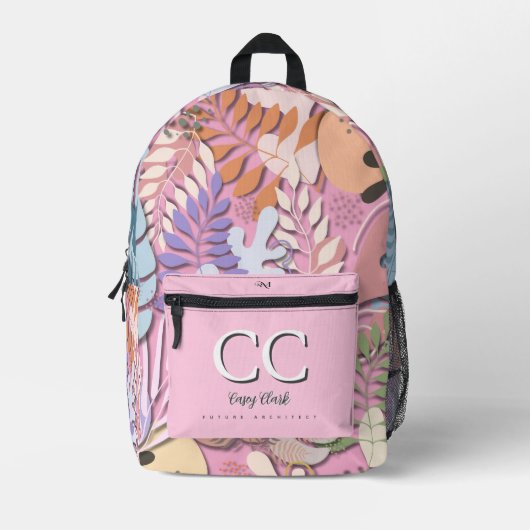 Printed Backpack : Abstract Leaves (pink) プリントバックパック (正面)