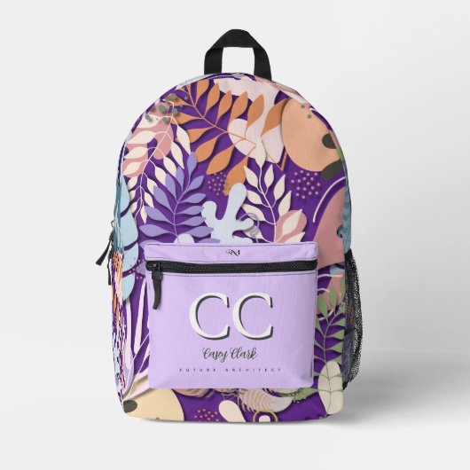 Printed Backpack : Abstract Leaves (purple) プリントバックパック (正面)