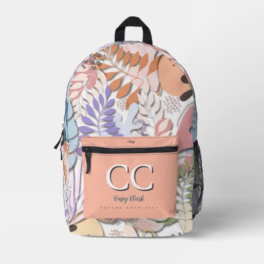 Printed Backpack : Abstract Leaves (white) プリントバックパック (正面)