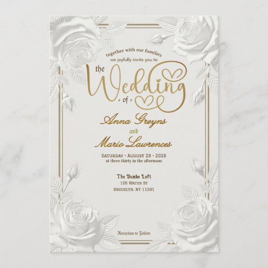 Printed Embossed White Rose Faux Gold Wedding  招待状 (正面)
