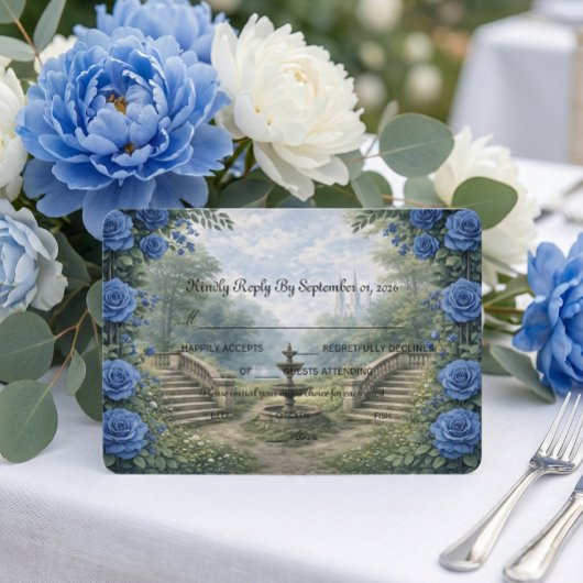 Printed Watercolor Castle Garden Fountain 出欠カード