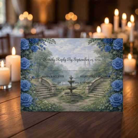 Printed Watercolor Castle Garden Fountain 出欠カード