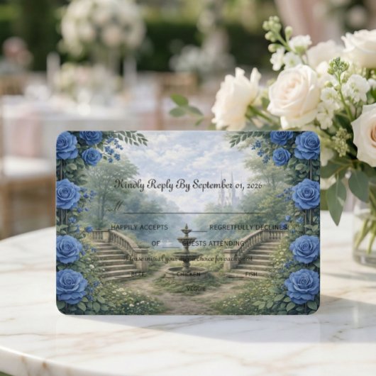 Printed Watercolor Castle Garden Fountain 出欠カード