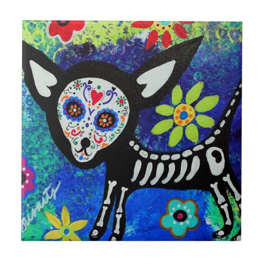 prisartsによるChihuahua Dia de Los Muertos Tiles タイル (正面)