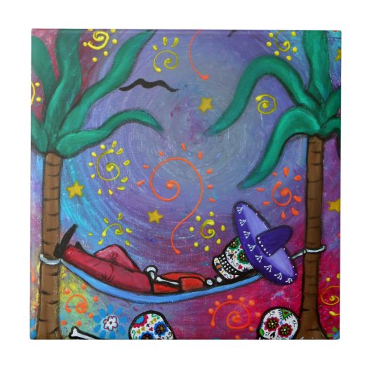Prisarts著Dia de los Muertosのマリアッチの昼寝 タイル (正面)