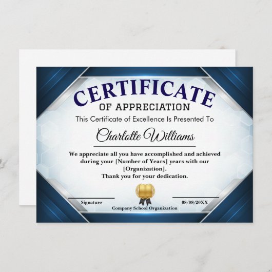 Professional Blue Appreciation Certificate 招待状 (正面/裏面)