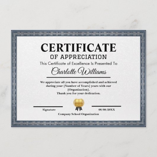 Professional Certificate of Appreciation Template エンクロージャーカード (正面)