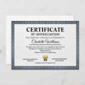 Professional Certificate of Appreciation Template エンクロージャーカード (正面/裏面)