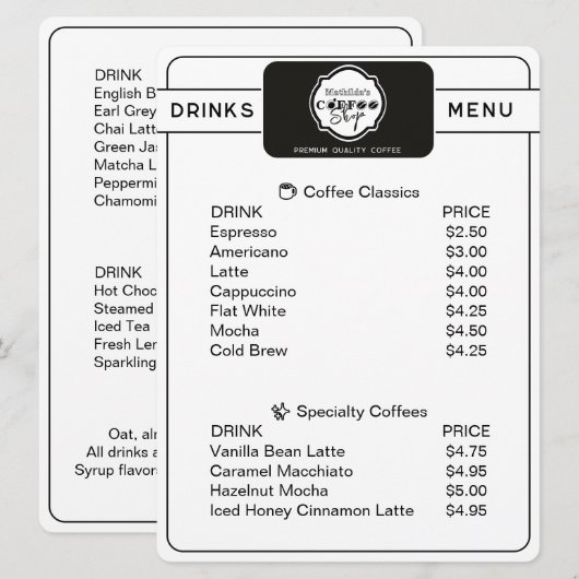 Professional Coffee Shop Personalized Drinks Menu メニュー (正面/裏面)
