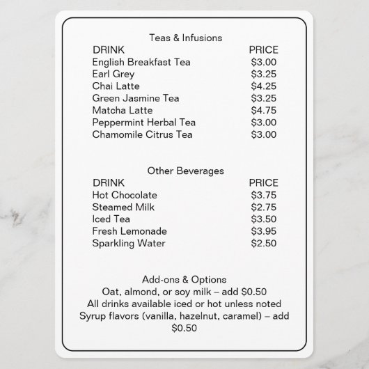 Professional Coffee Shop Personalized Drinks Menu メニュー (裏面)