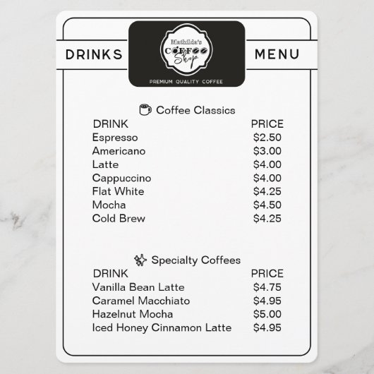 Professional Coffee Shop Personalized Drinks Menu メニュー (正面)