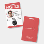 Professional Custom Press Pass ID Badge - Red  バッジ (正面＆裏面)