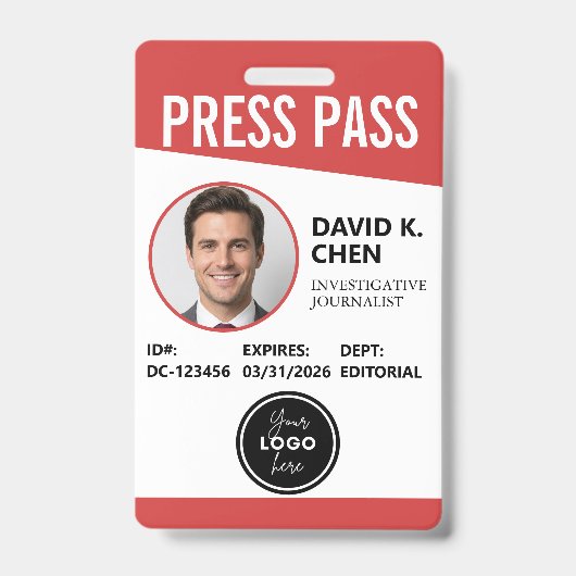 Professional Custom Press Pass ID Badge - Red  バッジ (正面)