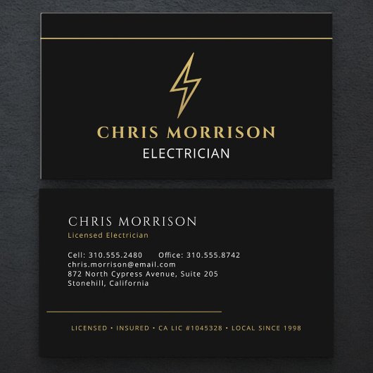 Professional Electrician Black Gold Contractor 名刺