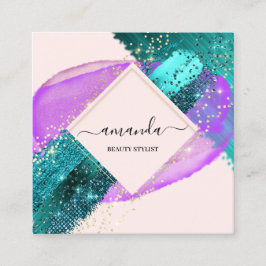 Professional Framed Gold Beauty Logo Purple Teal スクエア名刺