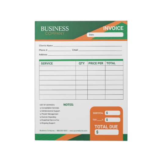 Professional Green with Orange Stripe Invoice Form ノートパッド (回転)