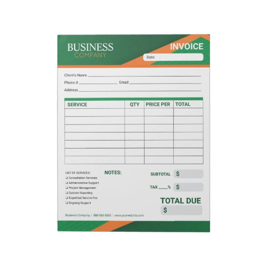 Professional Green with Orange Stripe Invoice Form ノートパッド (回転)