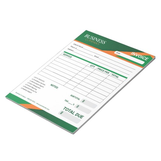 Professional Green with Orange Stripe Invoice Form ノートパッド (アングル)
