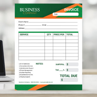 Professional Green with Orange Stripe Invoice Form ノートパッド