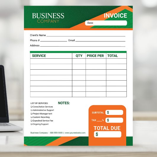 Professional Green with Orange Stripe Invoice Form ノートパッド