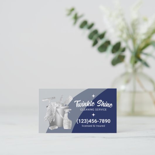 Professional House Cleaning Service Blue Silver 名刺 (スタンド正面)