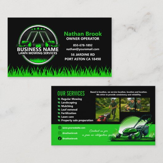 Professional Lawn Care Landscaping Green Black QR 名刺 (正面/裏面)
