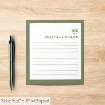 Professional Lined Olive White Monogram ノートパッド<br><div class="desc">A professional lined notepad with a minimalist design in an olive green and white color palette. Custom monogram initial and name on a simple white background,  framed by an olive border. Personalize using the fields provided or use the 'message' button to contact the designer for help.</div>