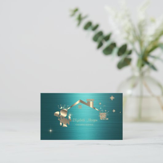 Professional Maid Cleaning House Green Metallic 名刺 (スタンド正面)