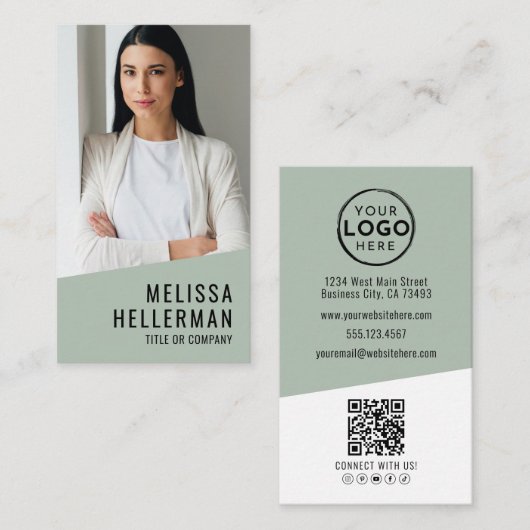 Professional Photo QR Code Logo Green Vertical 名刺 (正面/裏面)