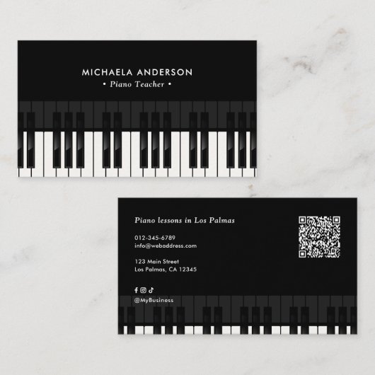 Professional Piano Teacher QR Code & Social Media 名刺 (正面/裏面)