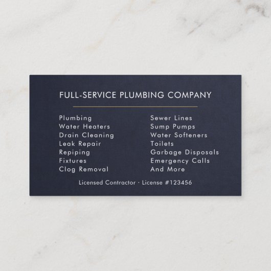 Professional Plumber Navy Blue Gold Minimalist 名刺 (裏面)
