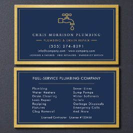 Professional Plumber Navy Blue Gold QR Code 名刺