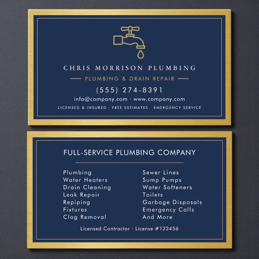 Professional Plumber Navy Blue Gold QR Code 名刺