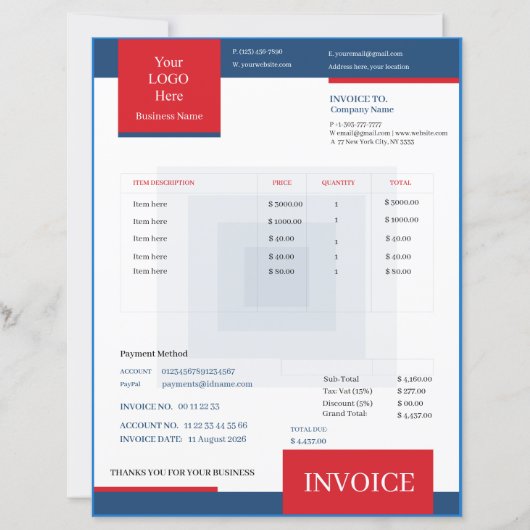 Professional Red Blue White Business Invoice (正面)