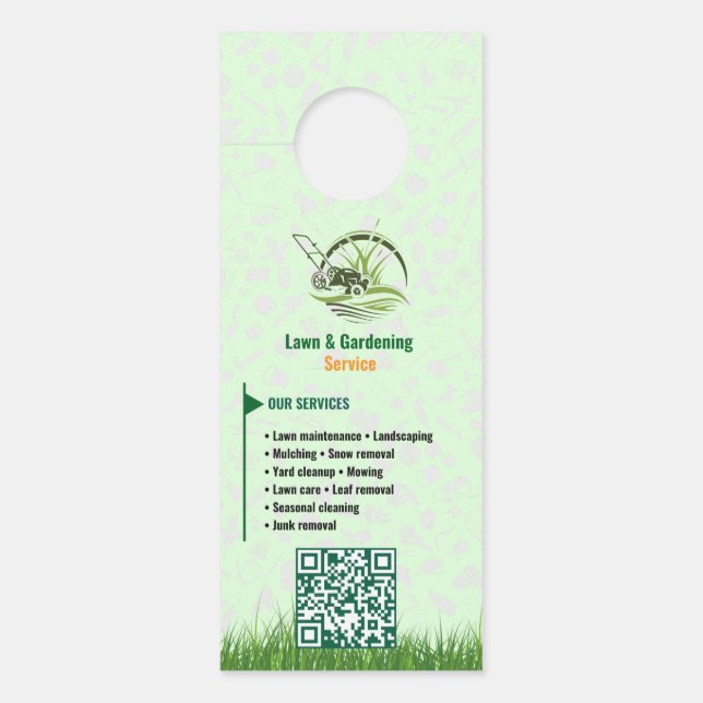 Professional White and Green Lawn Care Door Hanger ドアノブサイン (正面)