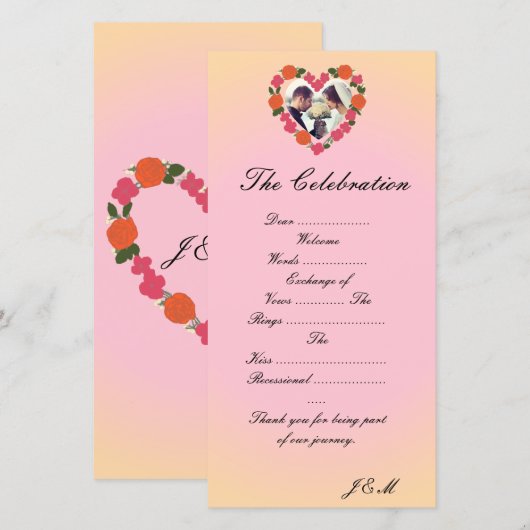 Programme de mariage rose et orange coeur floral (正面/裏面)